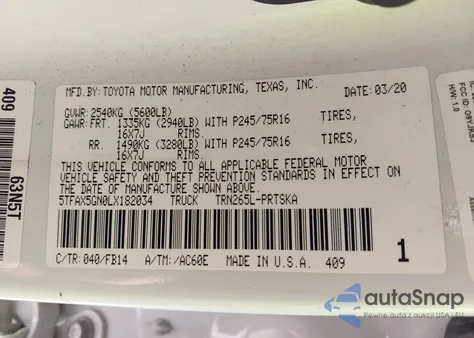 2020 Toyota Tacoma Sr из США, поврежденный, VIN 5TFAX5GN0LX182034